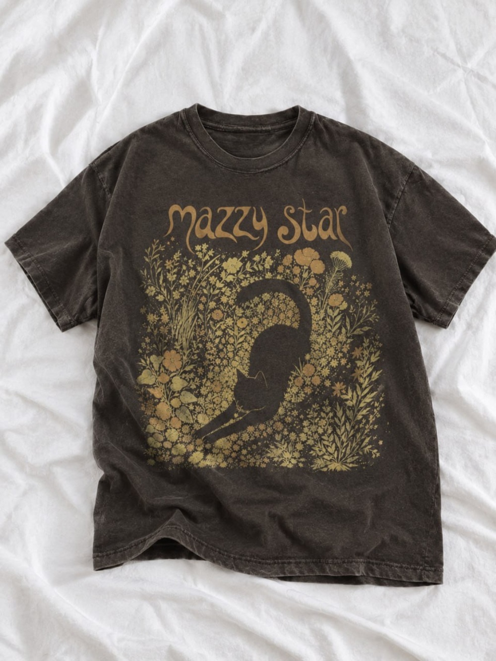 Gold Floral Cat Gildan Charcoal Short-Sleeve Tee Graphic